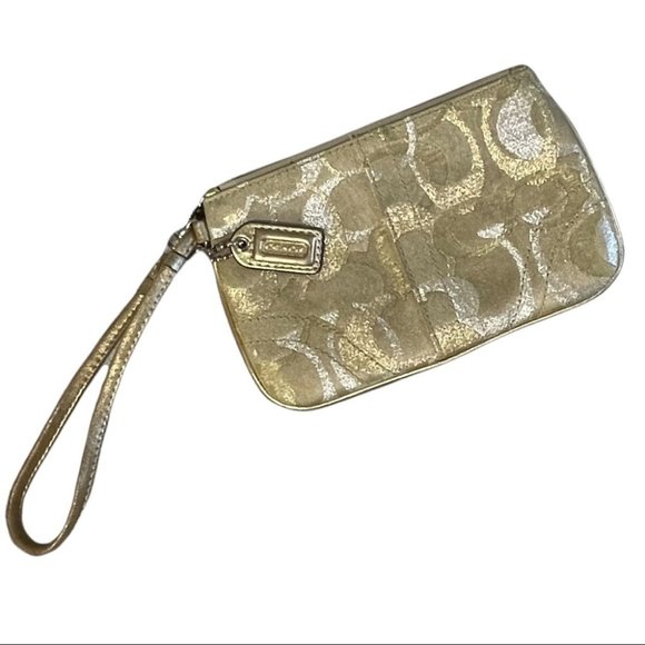 Coach Handbags - ♥️💥HOST PICK Coach Signature Metallic Canvas Mini Wristlet Gold Silver Tan GUC